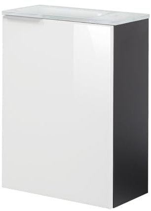 FACKELMANN Kara Gäste-WC Set 3 Teile – Waschtischunterschrank in Anthrazit mit Glasfront Weiß mit Waschbecken aus Glas in Weiß – SBC Waschbecken beleuchtet – Türanschlag rechts – 45 cm breit