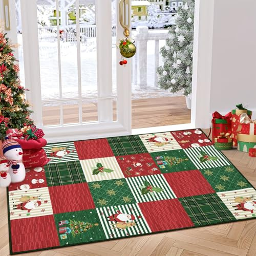 CAROMIO Maschinenwaschbarer Flächenteppich für Schlafzimmer Innenbereich Überwurfteppich Weihnachtsbaum Schneeflocke Dekorativer Wohnzimmerteppich, Rot/Grün 120 x 170 cm