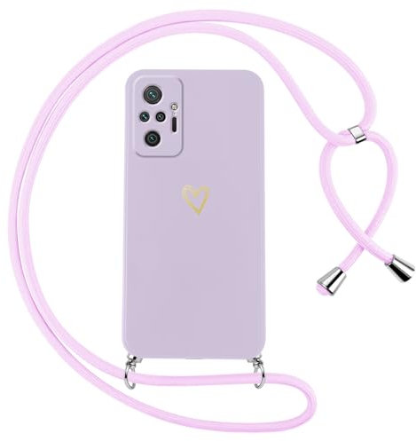 Oelrstfe Funda para Xiaomi Redmi Note 10 Pro 4G con Cuerda,Carcasa Silicona Suave con Patrón de Corazón con Correa Cordón Colgante Collar Ajustable,Antigolpes Anti-Arañazos Cuello Cadena Case,Púrpura