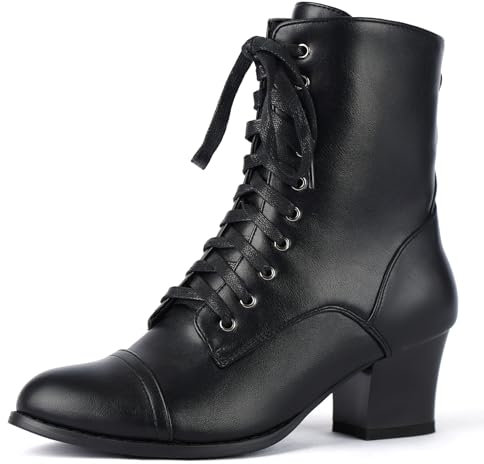 GiledGrace Schwarze kurze Stiefeletten Schnürung für Frauen Seitlicher Reißverschluss Viktorianische Stiefeletten Block Chunky Mid Heel Schwarz Größe 37