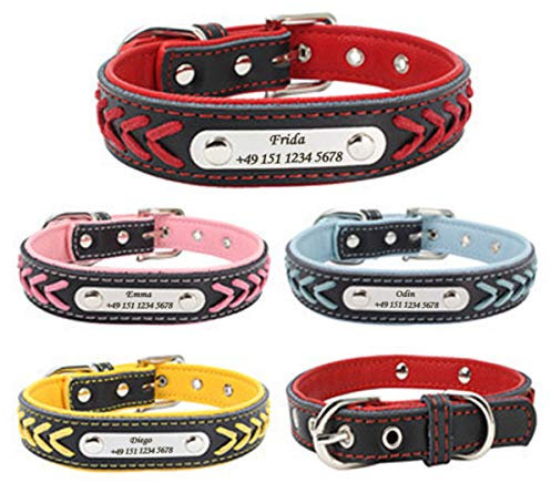 Personalised Leather Dog Collar with Name Plate, Soft Padded Collar 5 Colors, Adjustable for Puppy Small Medium Large Dogs