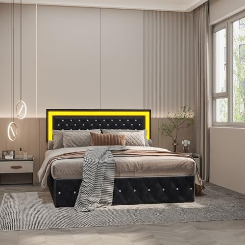 JDEFARF Bettrahmen mit LED-Lichtern, erhöhter gepolsterter Bettgestell, schwarzer Samt, Queensize-Bettgestell, Holzlattenstütze, kein Boxspringbett erforderlich, einfache Montage