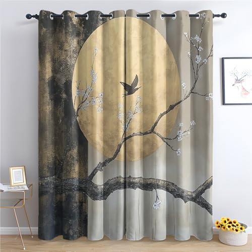 SZLYZM Vogel Geblümt Vorhänge, Verdunklungsvorhänge mit Muster Blumen Frühling, Vorhang Blickdicht mit Ösen, Gardinen für Wohnzimmer Schlafzimmer Deko 2er Set - 175x140 (H X B)