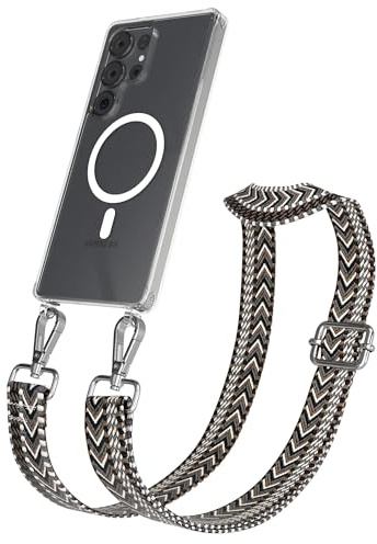 EAZY CASE Handykette - Verstellbares Taschenband kompatibel mit Galaxy S25 Ultra, Schulterriemen, Handykordel mit Silikon Hülle, Qi Charging kompatibel, Umhängetasche, Grau Schwarz Silber