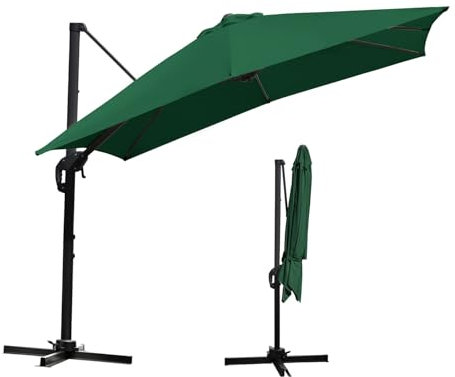 Tubiaz Ombrellone parasole rettangolare 300 x 300 cm, con curva, girevole a 360° e inclinabile, protezione solare UV50+, in alluminio, per giardino, terrazza, verde, Ohne LED