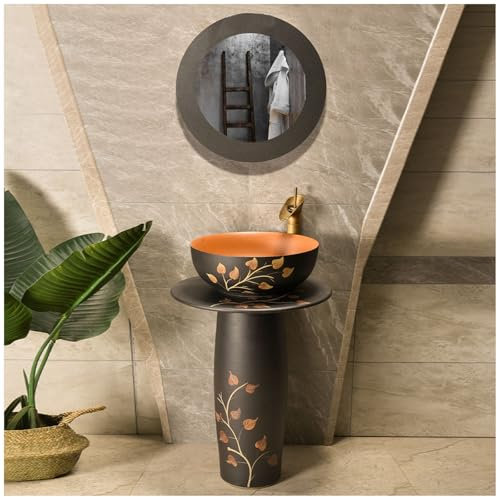 RDIAYDN Lavabo sur Colonne Lavabos sur Pied en CéRamique, RéTro Vasque sur Pied Peinte à La Main Aspect Pierre, Lavabos De Salle De Bains avec Balcon ExtéRieur,4 Piece Set
