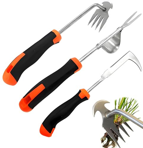 3er Set Unkrautstecher Edelstahl, Unkrautjäter, Unkraut Entferner Gerät, Löwenzahnstecher, Fugenkratzer, Wurzelstecher, Gartenwerkzeug mit Griff für Jäten, Umpflanzen, Bodenlockern, Unkraut Harke