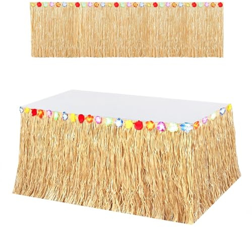 Hawaïenne Table Jupe, 275 * 75cm Hawaiian Hibiscus Herbe Jupe de Table, avec Fleurs d'hibiscus en Soie de Décoration, pour BBQ Tropical Garden Beach Summer décorations de fête à thème hawaïenne