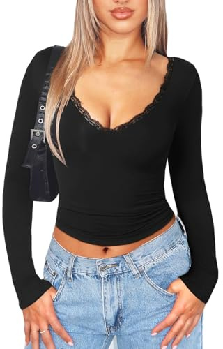 Navneet Women V Neck T Shirts Lace Trim Long Sleeve Tops Sexy Basic Tops Low Cut Going Out Top Fitted Blouse Tee Casual Wear Black XS
