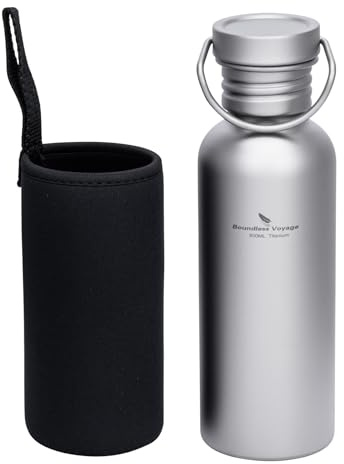 Boundless Voyage Bouteille d'eau en titane avec anneau de suspension, récipient d'hydratation avec manchon de gobelet, peut être chauffée sur une flamme nue (M-600 ml, gris)