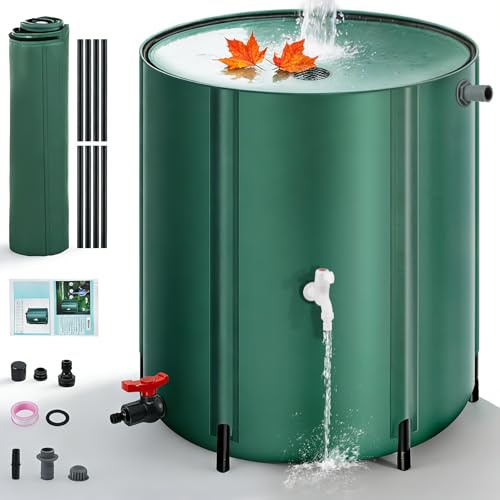 200L Rainwater Collapsible Collection System, Portable Water Butt with Stand & Tap, PVC Garden Water Storage Tank, Foldable Rain Barrel with Filter, Spigot & Overflow Kit, Space-Saving Water Catcher