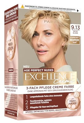 L’Oréal Paris Excellence Creme Age Perfect Nudes 9.13 Beige Blond, dauerhafte Haarfarbe, permanente Coloration,100% Grauabdeckung, für reifes, dünnes Haar & empfindliche Kopfhaut, 1 Stück
