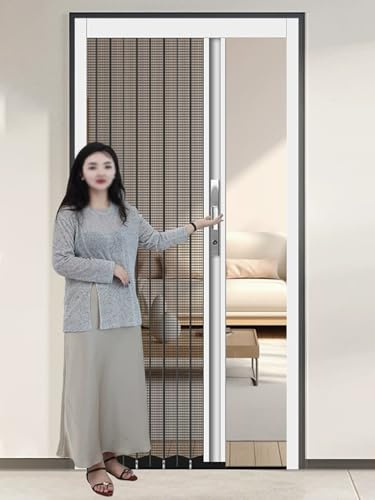 Front Door Screen Door Retractable Customizable, Metal Mesh Fly Screen Door with Lock and Keys, Folding Sliding Temporary Door for Patio Cat Proof(White Frame,123x203cm)