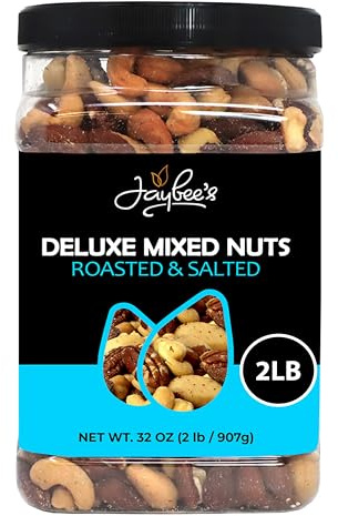 Mixed Nuts Deluxe - Roasted & Salted | 32 oz Reusable Container | Healthy Gourmet Variety Snack Mix with Cashews, Almonds, Brazil Nuts, Pecans, Hazelnuts (No Peanuts) Holiday Gifts | Keto, Vegan Friendly, Healthy Nut Mix | Jaybee's