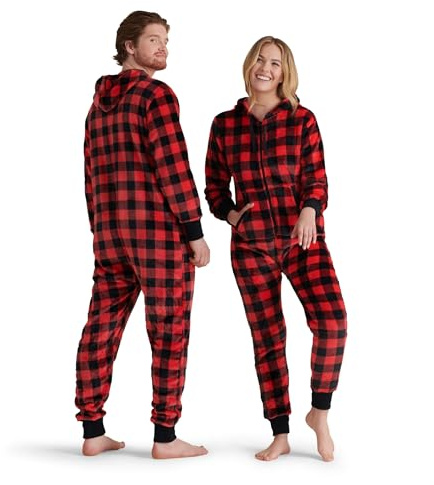 Hatley Damen Adult Hooded Fleece Jumpsuit Pyjamaset, Buffalo Plaid, M EU