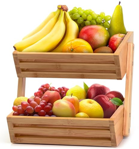 Golden Nature - Fruit Basket - 2-Tier Bamboo Fruit & Vegetable Storage Organiser for Kitchen Counter - Lightweight & Easy Assembly Countertop Fruit Stand Holder Bowl w/Included Screws