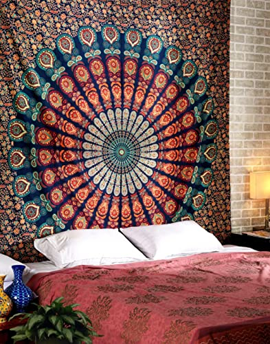 RAJRANG BRINGING RAJASTHAN TO YOU Pfau Mandala Wandteppiche 127x152 cm Wandbehang Wandteppich Raumdekoration Golden Blau