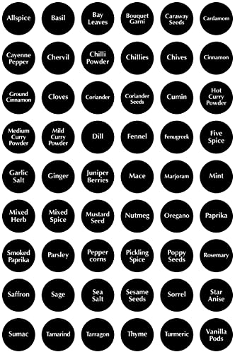 Pack of 54 Spice Herb Storage Jar Kitchen Home Cooking Labels Stickers Decals Black with White Text 30mm by 30mm Each