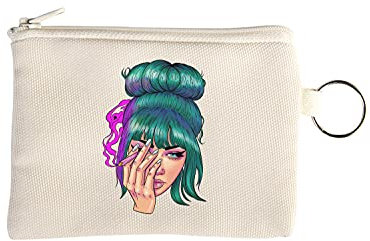 Stoner Girl Cartoon Style Pink Smoke Lady Portafoglio piccolo portamonete con portachiavi Beige One Size