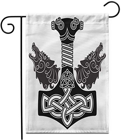 Gartenflagge Viking Thor Hammer Mjollnir Scandinavian Und Two Wolfs White Flagge Durable Hauptflagge Qualität Haus Flagge Für Feiertagsfeier Außendekoration Yard Party Urlaub