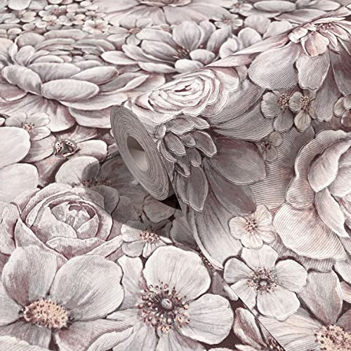 marburg Tapete rosa grau Blumen Blätter Floral hochwertige Vliestapete Für Wohnzimmer Schlafzimmer oder Küche 10,05 x 0,53m Premium Qualität Made in Germany