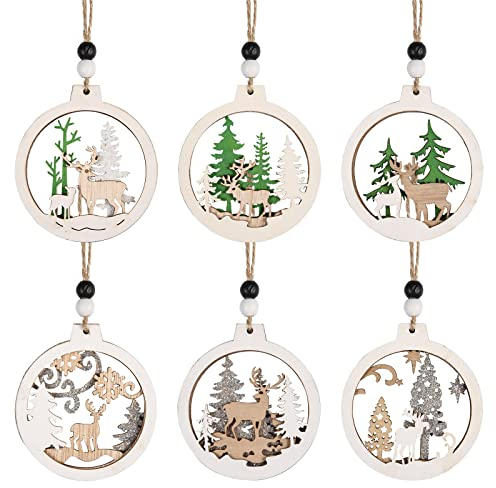 Farmhouse Christmas Ornaments Set, 6pcs Christmas Hanging Reindeer Wooden Rustic Pendant Reindeer Decor for Winter Christmas Holiday Tree Decorations