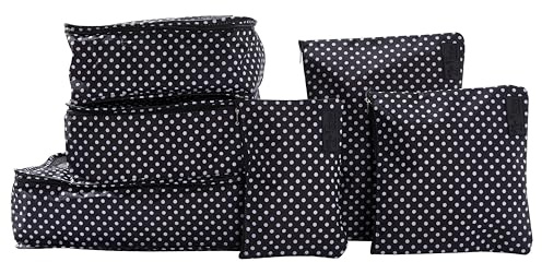 Periea Lucy Packing Cubes for Suitcases & Carry on Hand Luggage – Set of 6 Travel Packing Organisers – 6 Colours (Black with White Dots)