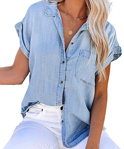 NLAVW Damen Sommer-Jeanshemd mit Knopfleiste, kurzärmelig, Freizeithemd, Oberteil, lockere Passform, Jeansjacke, Bluse, passende Tunika-Bluse