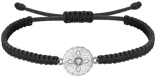 J.Endéar Mandala Armband für Damen Mädchen Silber 925, Handgemachtes Geflochtenes Kordelarmband Verstellbar, Yoga Meditation Buddhistischer Amulett Geschenk, Schwarz