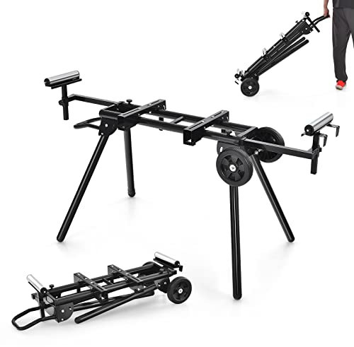 COSTWAY Folding Mitre Saw Stand, Universal Power Tool Workbench with Wheels, Extending Support Arms & Quick Release Clamps, Heavy Duty Saw Workstation, Supports 150kg (with Wheel, 130-236x73x83-103cm)