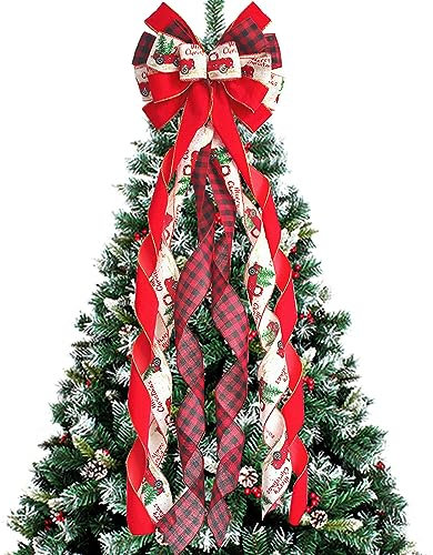 YankMooM Red Buffalo Plaid Christmas Tree Topper, 110 x 30cm Large Bow for Home Decoration
