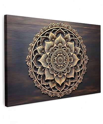 MuchoWow© Bild auf Leinwand Groß 120x80 cm XXL Schlafzimmer Bilder Wand Deko Wohnzimmer Modern Wanddeko Bilderwand Geschenk Mandala - Holz - Blumen - Braun