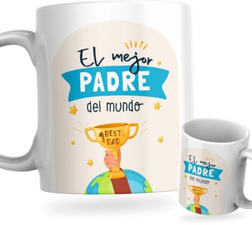 DEREGALOOS Taza de cerámica divertida para Padres. Taza de café Regalo día del Padre. Regalo Original con frase para hombre. Tazas divertidas con frase. (El mejor padre (trofeo))
