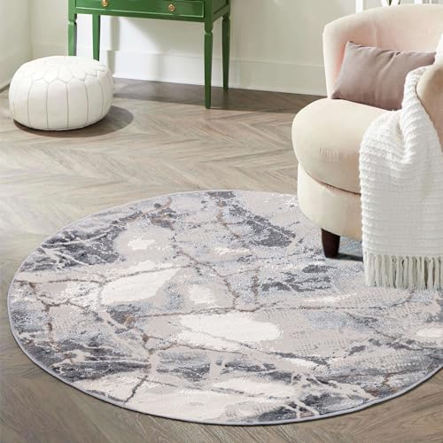 Mazovia Teppich Rund 200 cm - Kurzflor - Weich Teppich für Wohnzimmer Esszimmer - Marmor Optik Abstraktes Grau Beige 200 x 200 cm