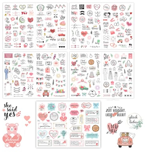 Tsathoggua Sticker Hochzeit Gästebuch, Sticker Set für Gästebuch oder Fotoalbum mit viel Liebe, Love Stickers für Scrapbook oder Bullet Journal, Aufkleber Hochzeit für Gästebuch, Fotoalbum (Rose)