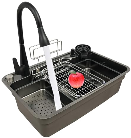 Edelstahl Spüle, Küchenspüle mit Ausziehhahn Ablaufkorb Aufbewahrungskorb Spülbecken für Küchen Waschräumen Kellern Terrassenbars