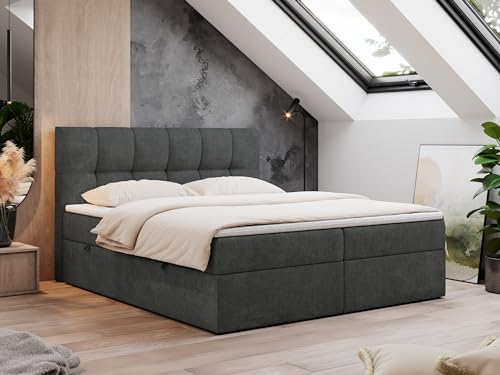 MKS MEBLE Boxspringbett 160x200 mit Bettkasten Grau Stukture, Bett mit Matratze H4 Topper, Polsterbett 160x200 mit Bettkasten Kopfteil, Boxspringbett mit Matratze H4, RICO Dunkelgrau Stukture