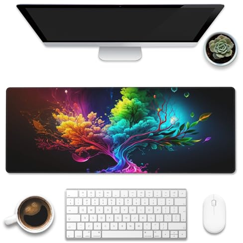 Grand tapis de souris de jeu pour bureau, tapis de bureau Arbre de Vie, tapis de bureau à texture abstraite multicolore, grand tapis de clavier d'ordinateur avec base antidérapante et bord cousu 80x30