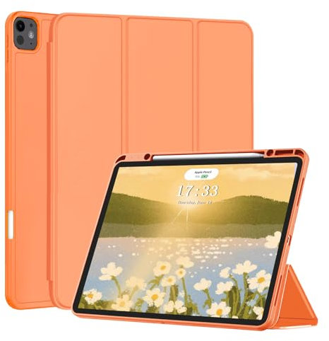 Fansong Case for iPad Pro 13 inch 2024, Cover for iPad Pro 13 (M4) with Auto Sleep/Wake Pencil Holder Trifold Stand TPU Smart Cover Slim Supports Charging Apple Pencil for A2926 A3007(Orange)