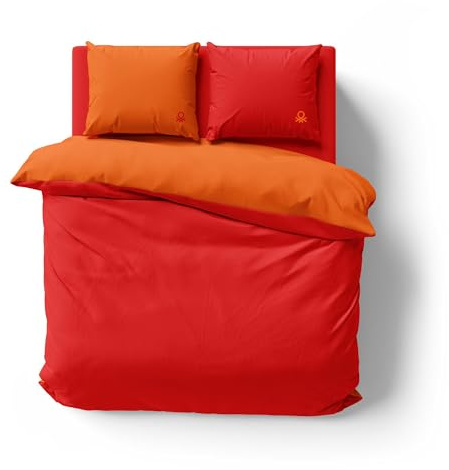 Wendbarer Bettbezug mit Knöpfen 200/220 cm + Jersey 160/200 + 30 cm + Kissenbezüge 2 x 50/70 cm, Orange + Rot Rainbow Benetton