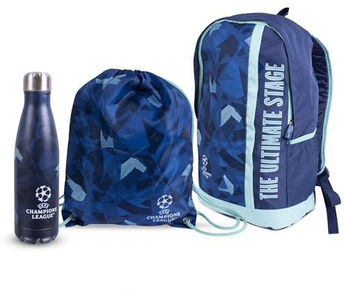 Hy-Pro UEFA Champions League Bundle mit Rucksack, Turnbeutel und 500 ml Thermoflasche, offizielles Lizenzprodukt, Schulanfang, UCL, Edelstahl-Thermoflasche, Rucksack, Turnbeutel mit Kordelzug