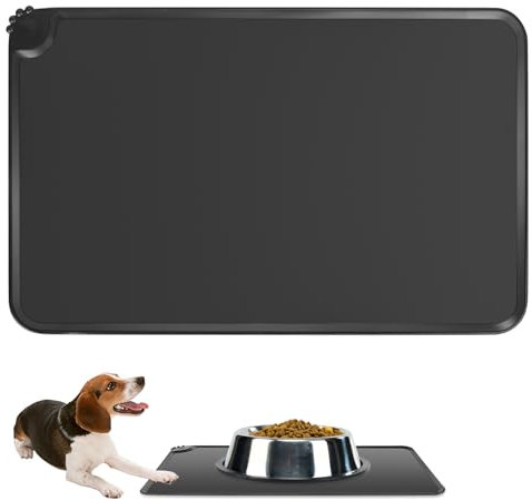 1 PcsTapis Gamelle Chat, 48x30cmTapis Chat Gamelles, Tapis pour Gamelle Chien Chats, Tapis de Bol Antidérapant de Nourriture en Silicone pour Chien Animal de Compagnie, Noir