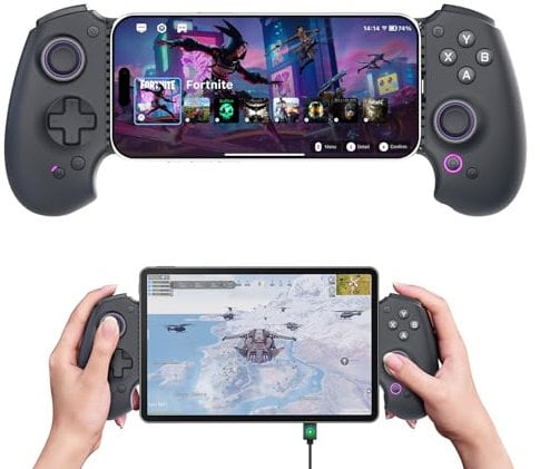abxylute S9 Full-Size Gaming-Phone-Controller für iPhone 15/16, iPad Mini 6/7 und Android-Handys/Tablets, Bluetooth- und Type-C-Mobilgamepad mit App, für Roblox, Genshin Impact, Call of Duty, Schwarz