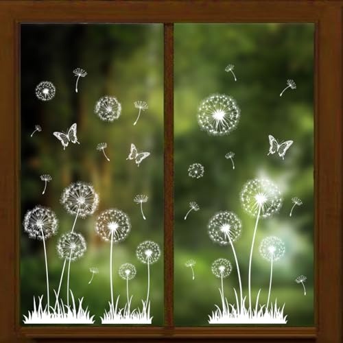 Peacoblue Fensteraufkleber,Weißer Löwenzahn Fensterbilder Deko | Doppelseitiger statischer Fenstersticker selbstklebend,Wasserfest und abnehmbar für Klassenzimmer,Glasfenster Dekoration