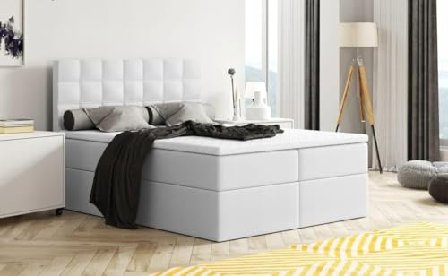 Generisch Moderne Boxspringbett MERA Premium Bett mit Bettkasten Ziernähten Bonell Matratze H3 Federkern Topper Polsterbett Doppelbett Schlafzimmer (Kunstleder Weiss: MADRYT 120, 140 x 200 cm)