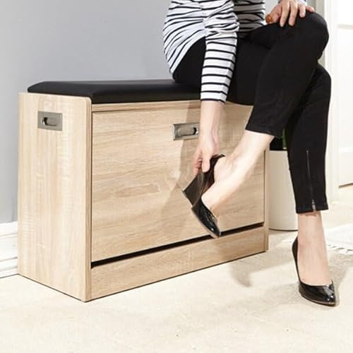 Schuhregal | Schuh-Ottomane-Bank | Selbstmontage, platzsparend, 2 Etagen, bietet Platz für bis zu 12 Paar Schuhe | Oberes Kissen sorgt für bequemes Sitzen | H49xB65xT30cm | Weiß Chaser of Light