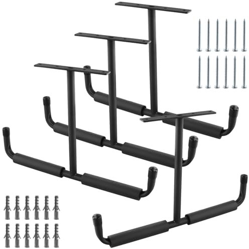 KOHAND 4 Pack Overhead Garage Storage Hooks, Black T-Shaped Ladder Hook with Screws and Expansion Tubes for Hanging Hose Pipe Lumber Other Bulky Items, 42.5x30cm