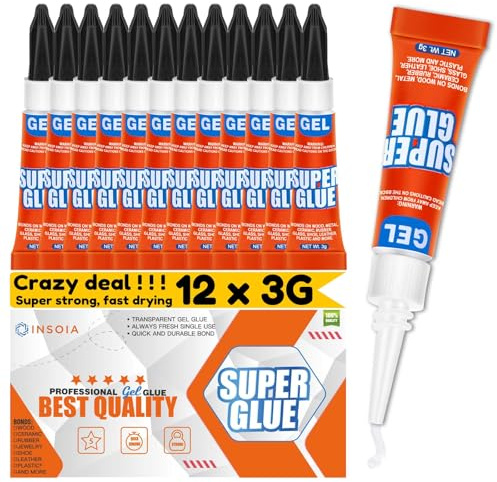 Super Glue Gel transparente sin goteo, 12 x 3 g, adhesivo fuerte multiusos de secado rápido, pegamento instantáneo para plástico, metal, cerámica, zapatos, madera, cuero, modelo, acuario, diamantes de