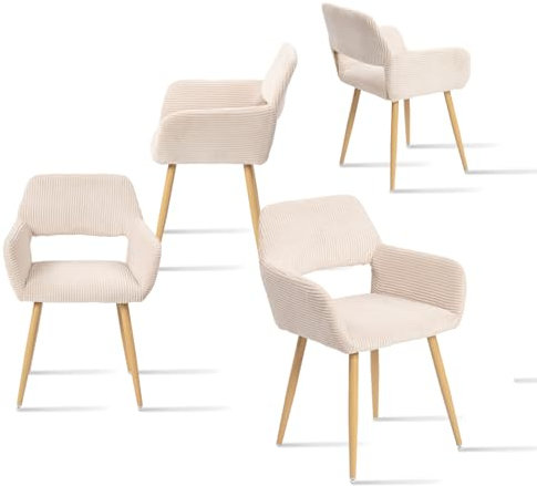 MEUBLE COSY Lot de 4 Chaises de Salle à Manger Scandinave Fauteuil Assise Rembourrée en Velours Côtelé Pieds en Métal pour Cuisine Salon Chambre Bureau, Beige Clair