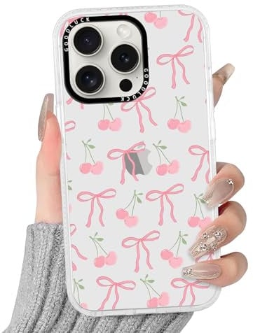 Yoedge Transparent Pink Bow Phone Case for iPhone 16 Pro Max 6.9 Inch, Ultrathin Soft TPU Silicone with Cherry Aesthetics Pattern Design,Shockproof Bumper Protector Matte Cover, for Girls and Women